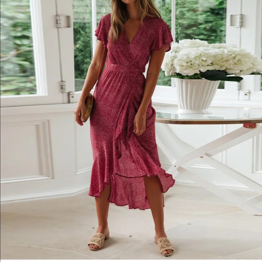 Floral Daisy Boho Midi Wrap Dress Burgundy